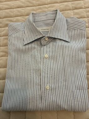 Ermenegildo Zegna Dress Shirt 41/16 White Blue Stripe Spread Collar Luxury